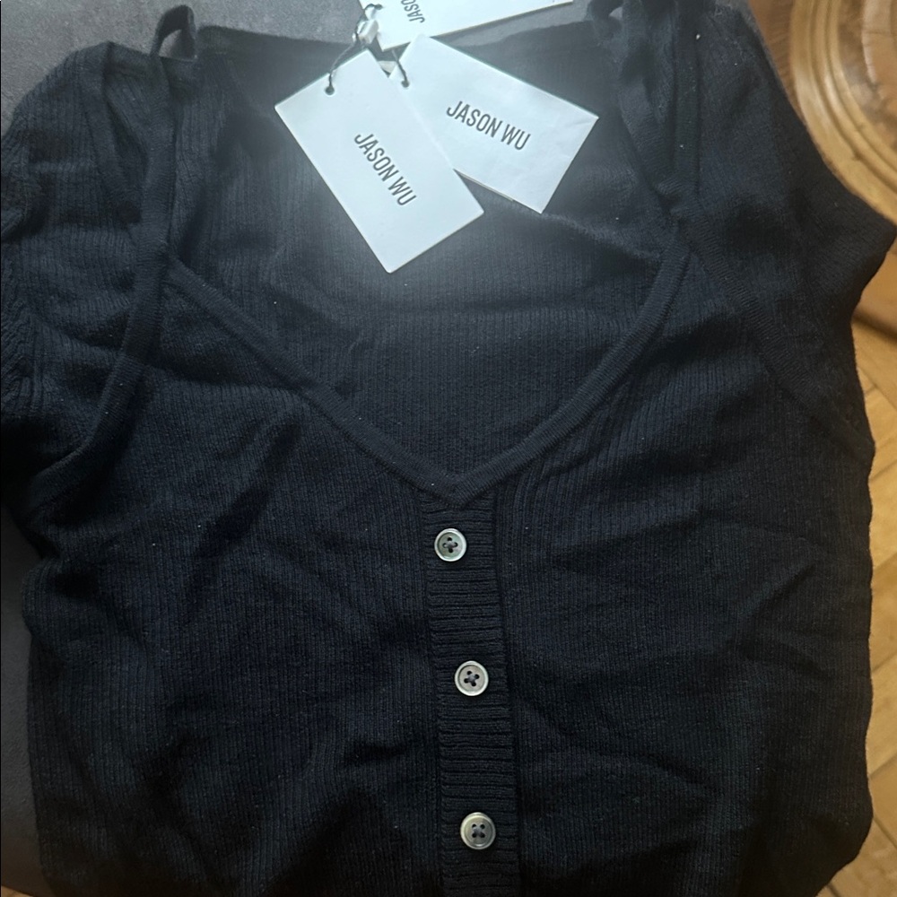 Jason Wu Black Cropped Ribbed Button Cardigan - Picture 6 of 6